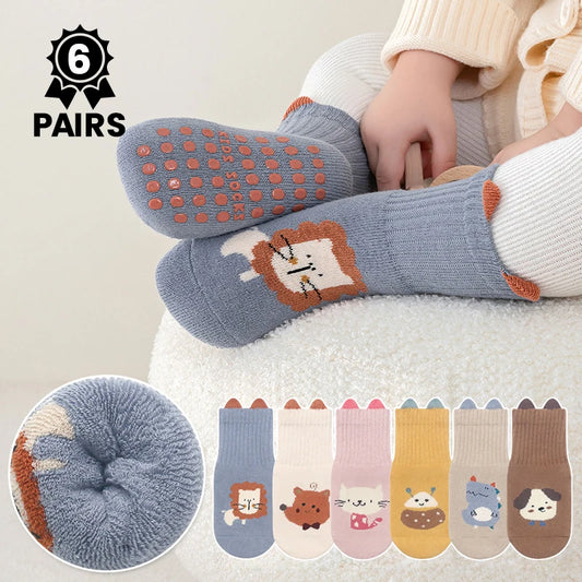 6-Pack Baby Non-Slip Animal Socks – Thick Soft Learning Socks for Toddlers