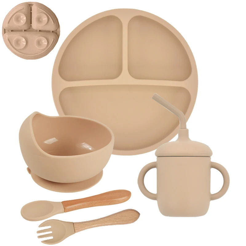 5-Piece Silicone Baby Tableware Set – Suction Plate, Bowl, Spoon & Fork Feeding Set