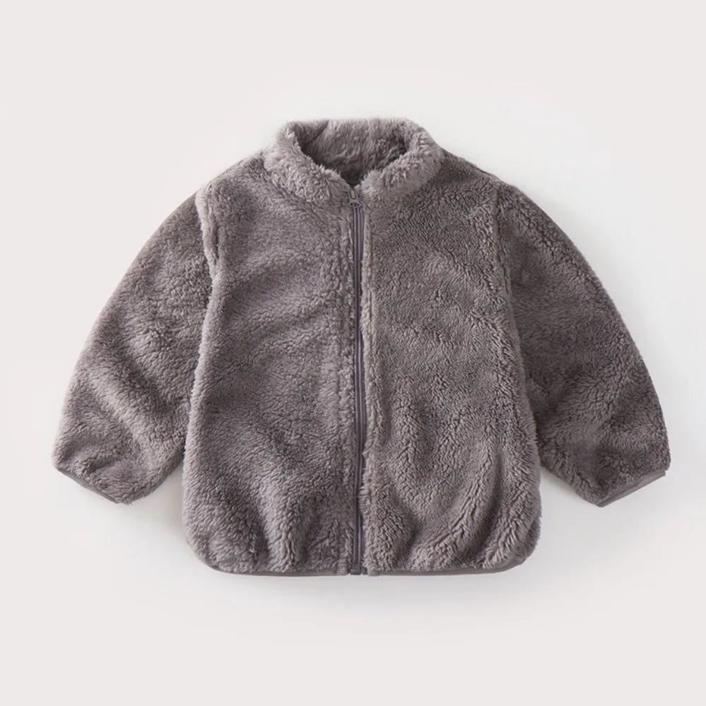 Kids Plush Winter Jacket – Warm Solid Color Zip-Up Coat for Toddlers