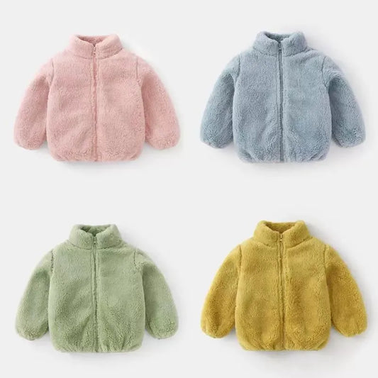 Kids Plush Winter Jacket – Warm Solid Color Zip-Up Coat for Toddlers