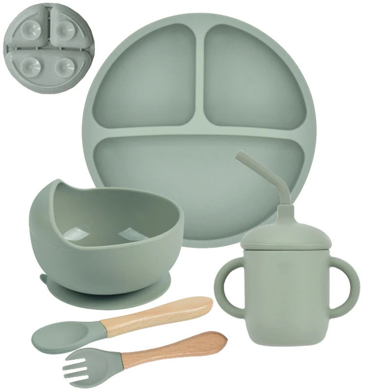 5-Piece Silicone Baby Tableware Set – Suction Plate, Bowl, Spoon & Fork Feeding Set